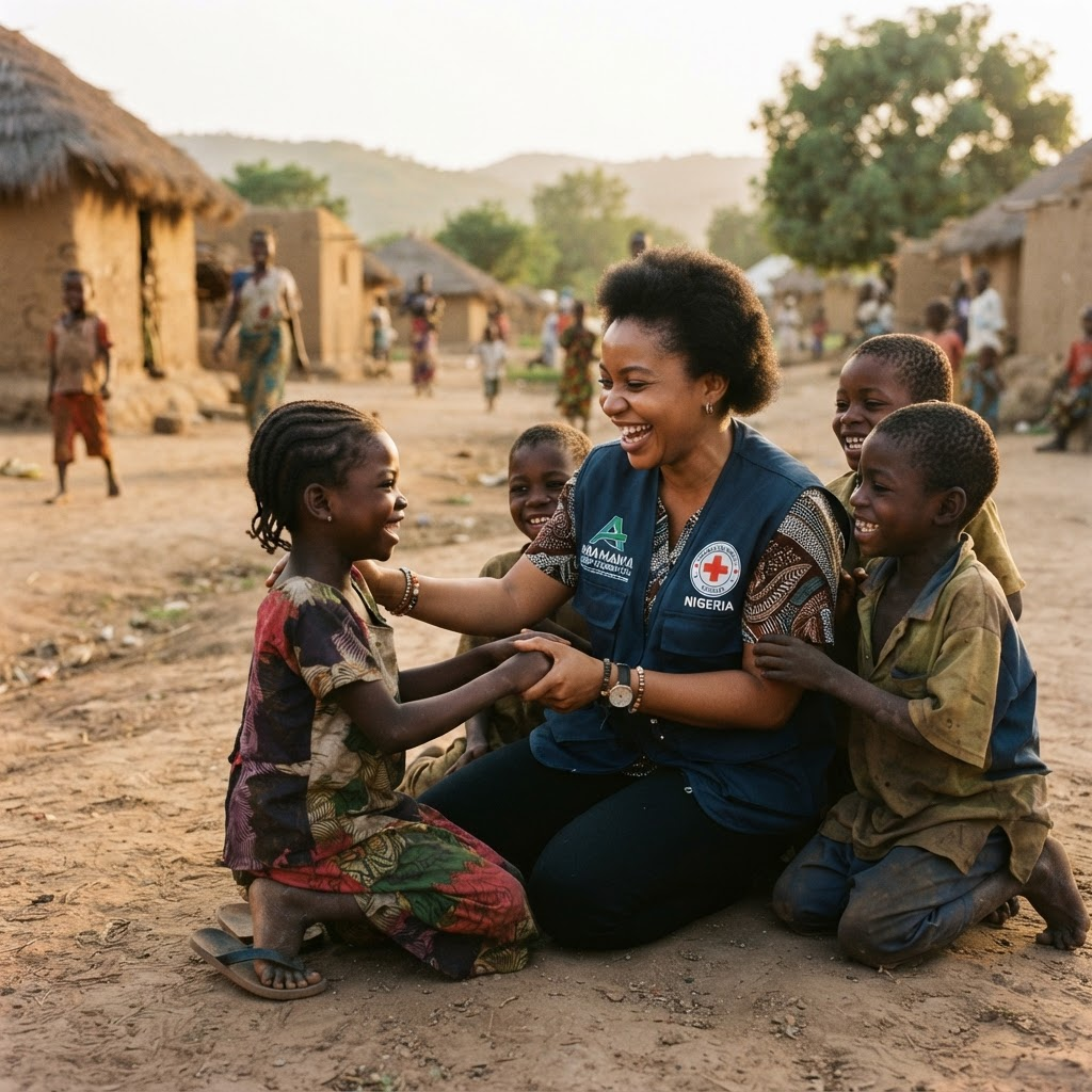A BARUCH Relief Foundation field worker with children in Adamawa State
